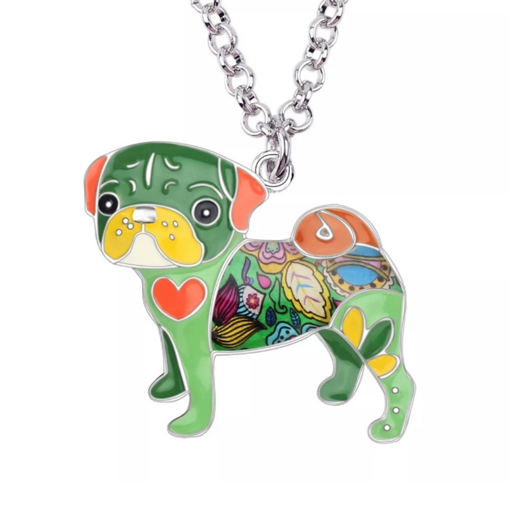Enamel Pug Dog Puppy Pendant & 316 Stainless Steel Necklace